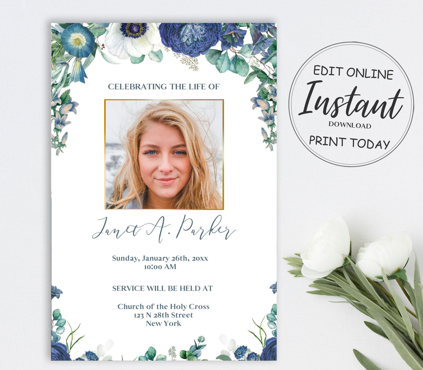 Blue roses funeral invitation template fully editable