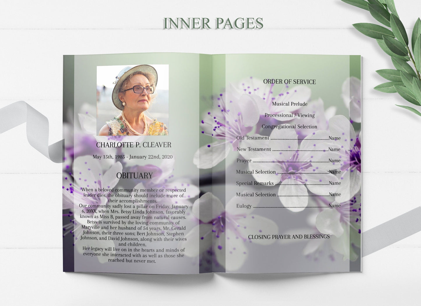 Purple Funeral Program Template for Woman | Obituary Template to Honor Your Loved One | Purple Celebration of Life Memorial Program | A113