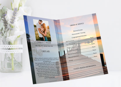 Dock at sunset obituary template with order of service template