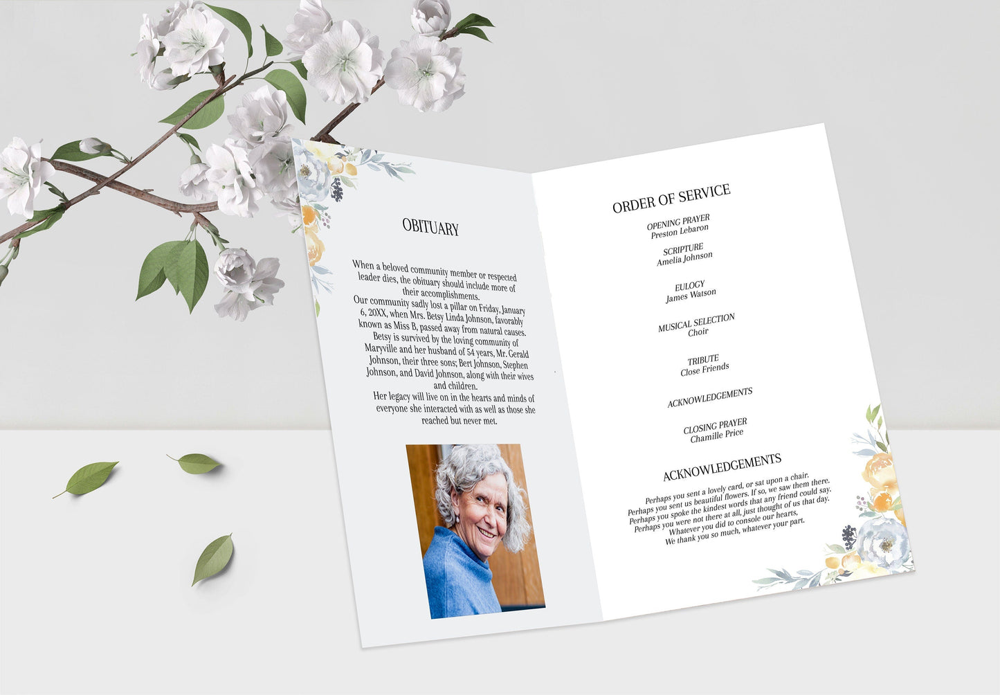 Obituary template inside funeral pamphlet
