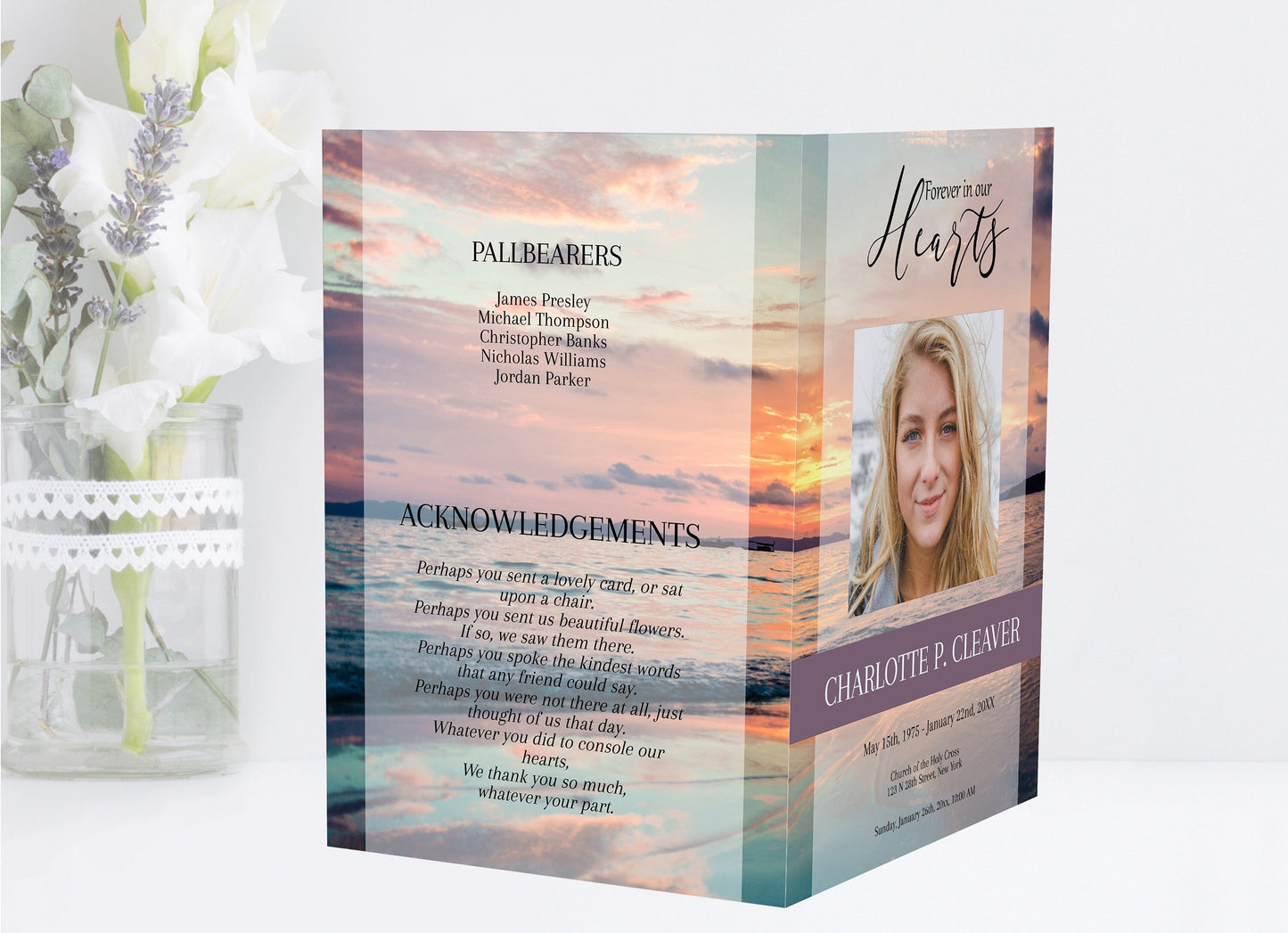 Ocean Sunset Funeral Program Template for Woman |  Obituary Template | Celebration of Life Program |  Memorial Program Template |   A119