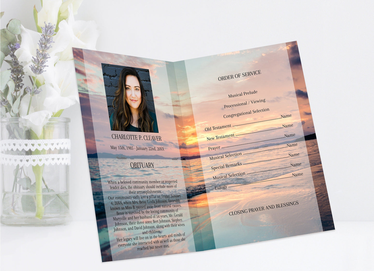 Ocean Sunset Funeral Program Template for Woman |  Obituary Template | Celebration of Life Program |  Memorial Program Template |   A119