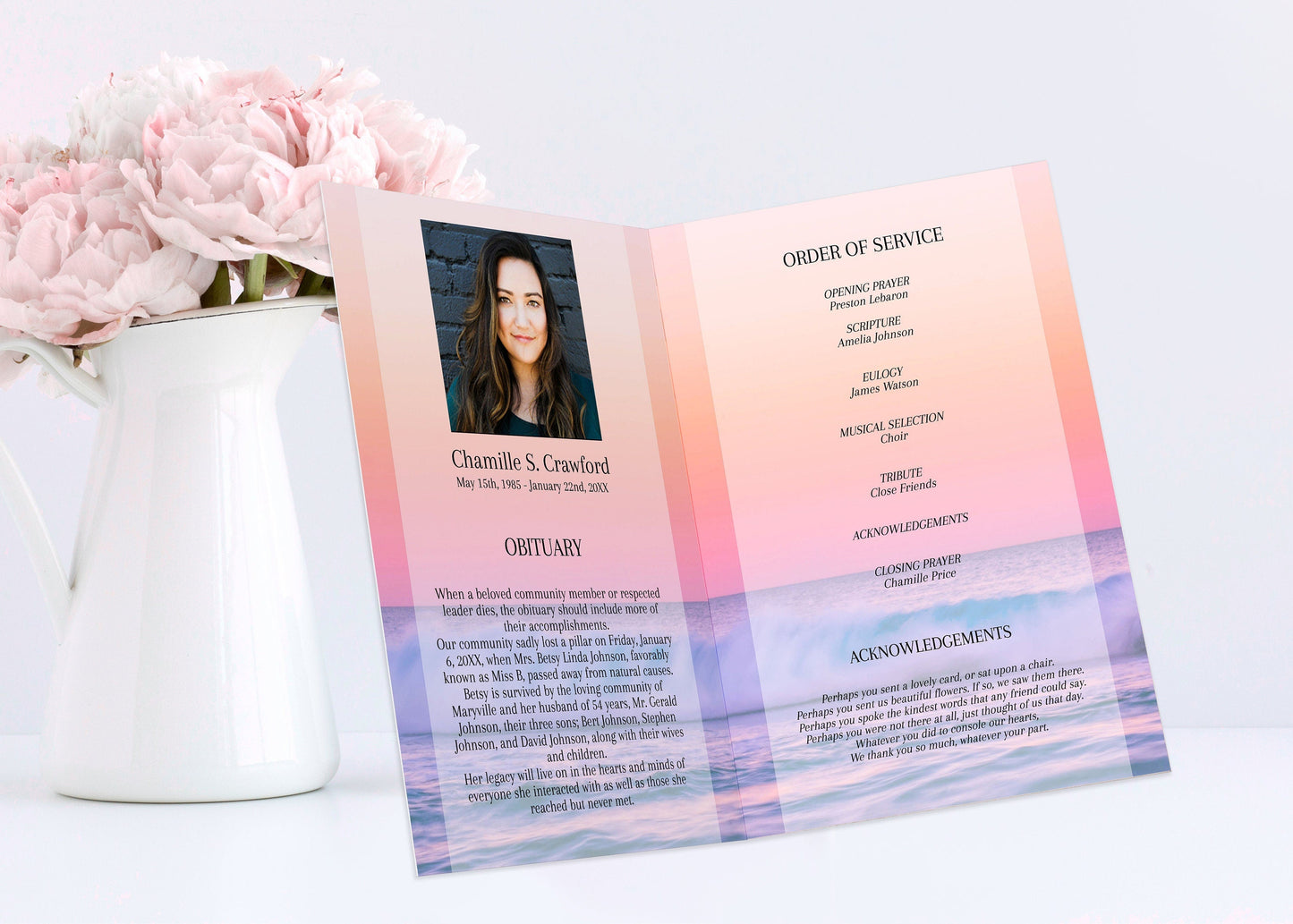 Ocean Sunset Funeral Program Template for Woman |  Obituary Template | Celebration of Life Program |  Memorial Program Template | A108