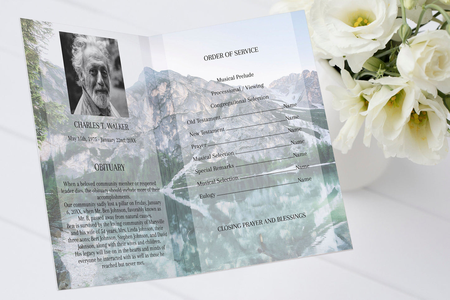 Mountain & Lake Scenery Funeral Program Template - 4 Page