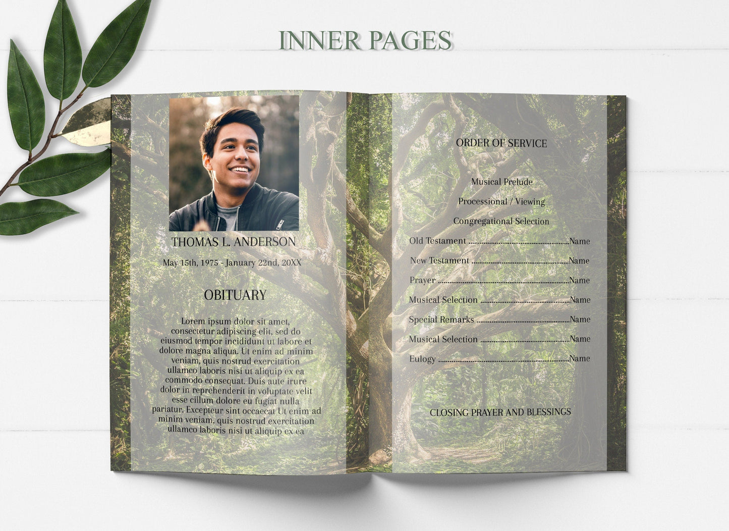 Green Forest Funeral Program Template for Man | Obituary Template to Honor Your Loved One | Celebration of Life Program  - A111