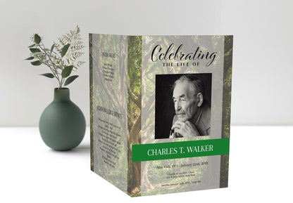 Green Forest Funeral Program Template for Man | Obituary Template to Honor Your Loved One | Celebration of Life Program  - A111