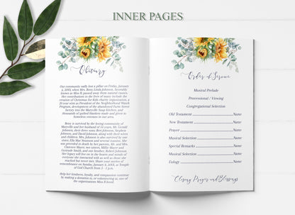 Sunflower Funeral Program Template for Woman - 8 page