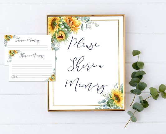 Share a Memory Sign and Cards for Funeral | Sunflowers Memorial Keepsake | Floral Celebration of Life Favors | B130
