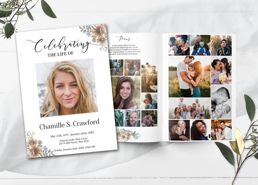Faded sunflower funeral program template with memory collage
