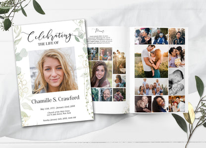 Light Greenery Funeral Program Template - 8 Page