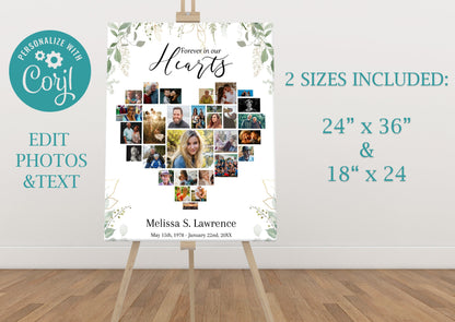 Greenery Border Heart Collage Funeral Poster Template