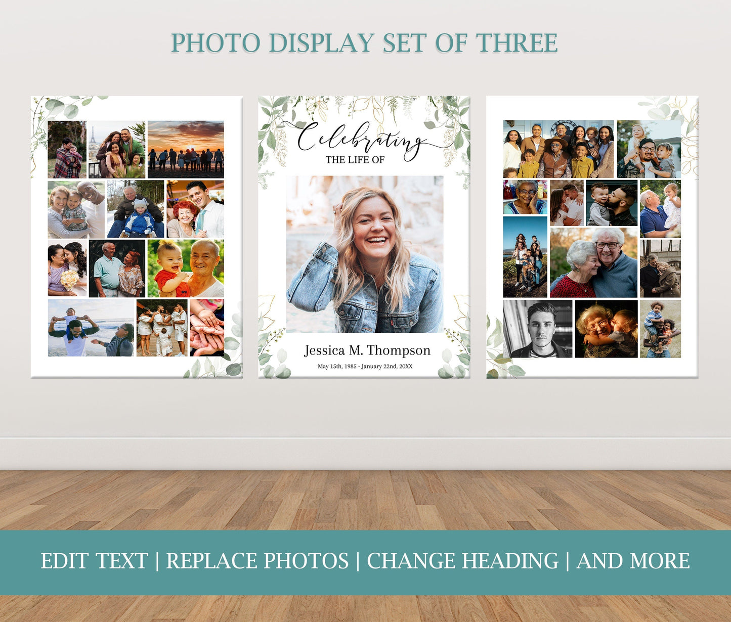 Greenery Funeral Poster Photo Display Template - Set of 3
