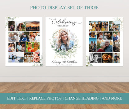 Greenery Funeral Poster Display Photo Collage - Set of 3