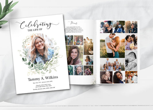 Funeral Program Template | Greenery & Gold Obituary Template to Honor Your Loved One | Celebration of Life  | B102
