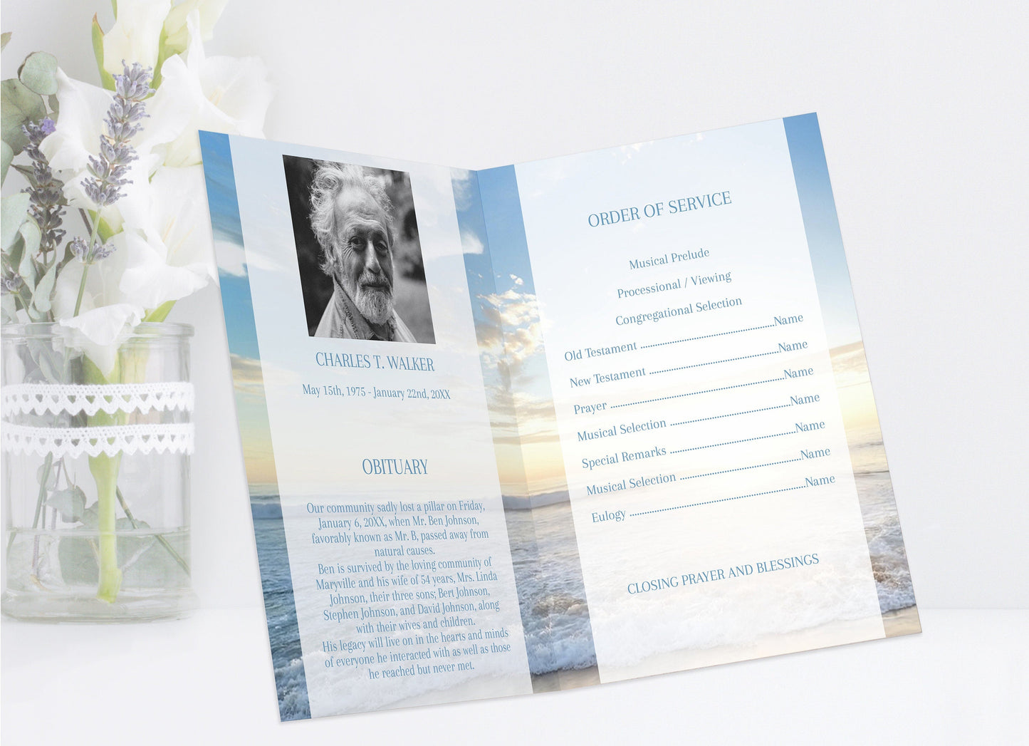 Ocean sunset funeral program insert for men with blue text and top photo
