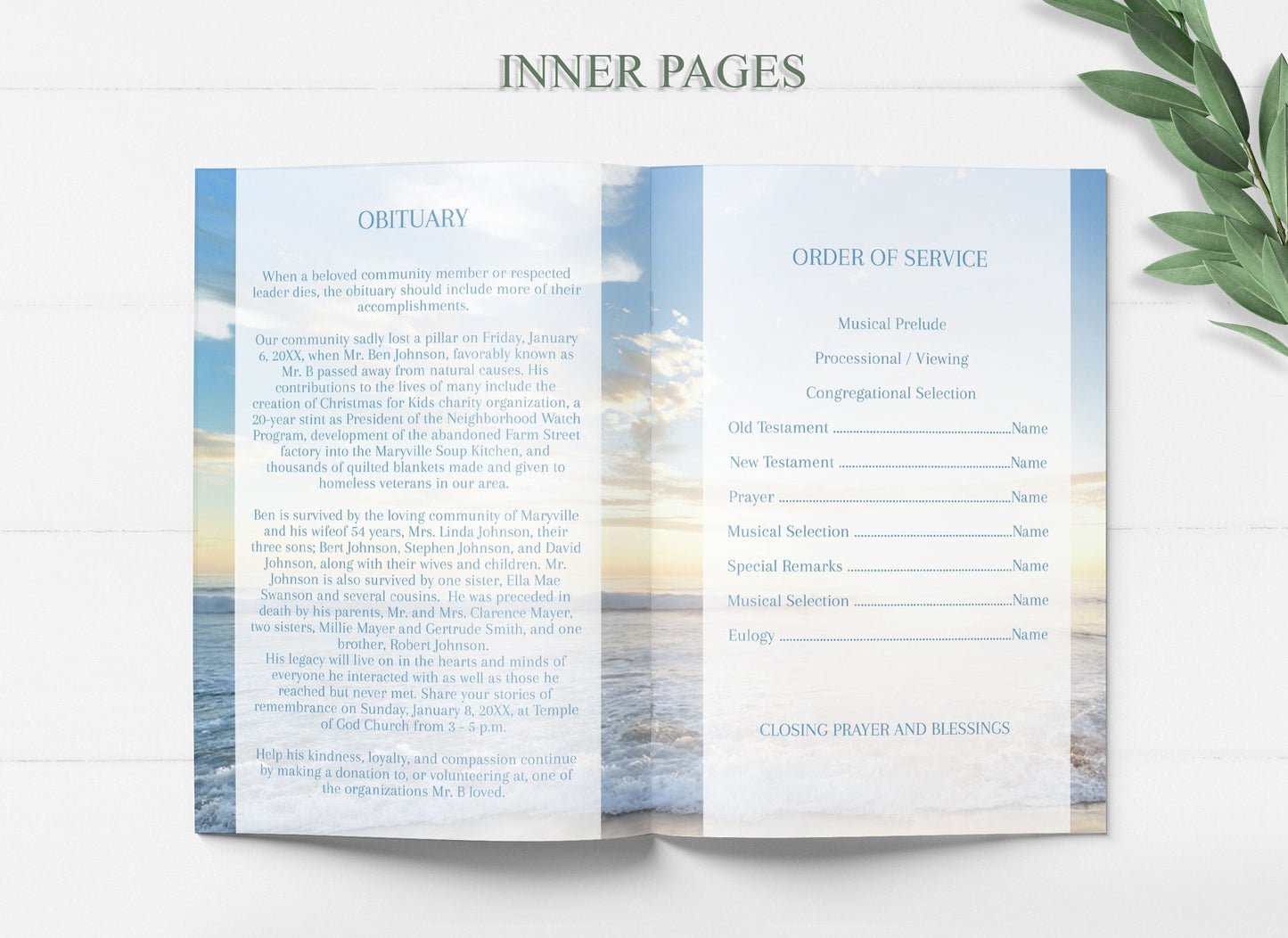 Beach / Ocean Theme Funeral Program Template - 8 Page