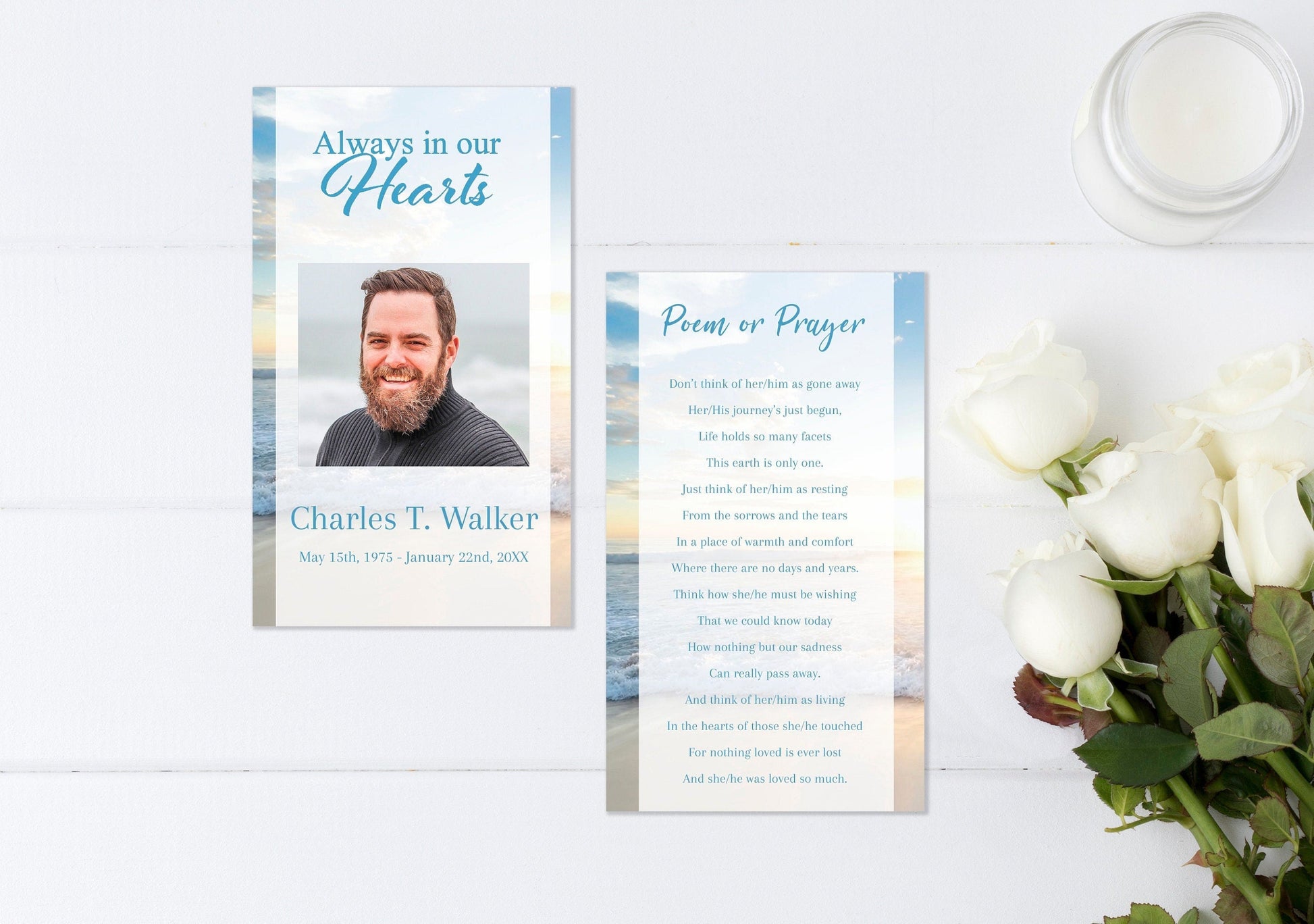 Ocean beach funeral prayer card template with photo
