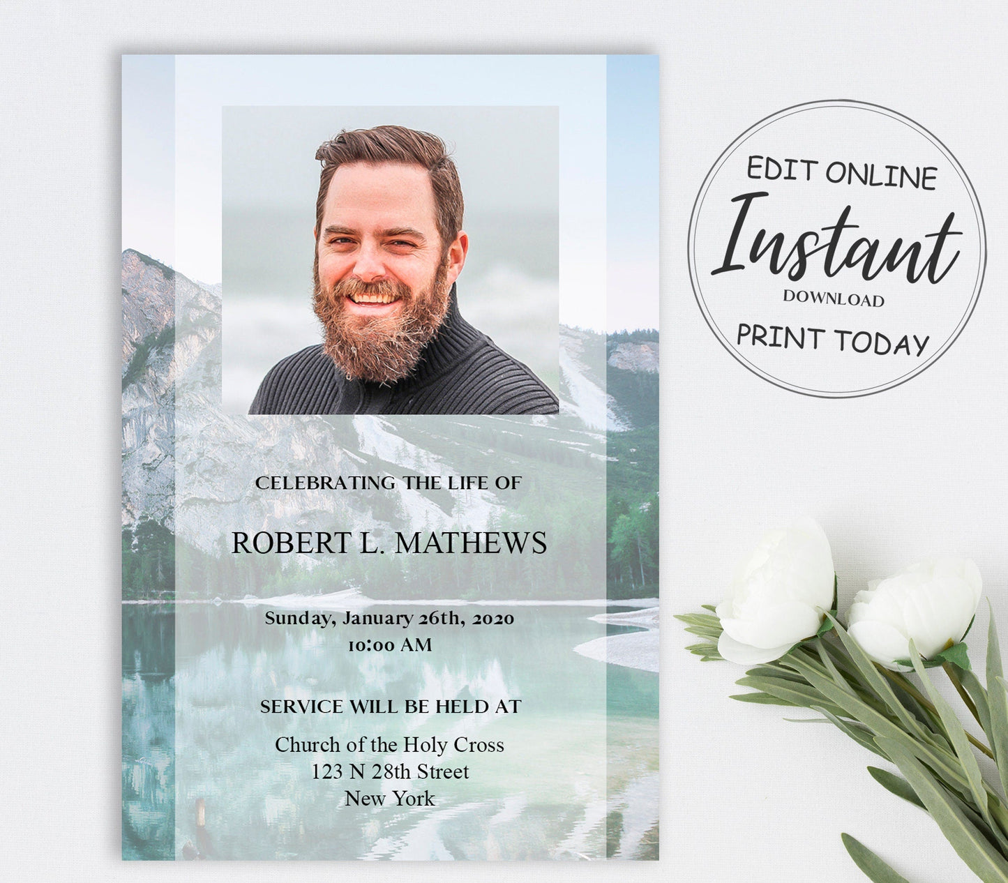 Mountain Lake Theme Funeral Invitation Template