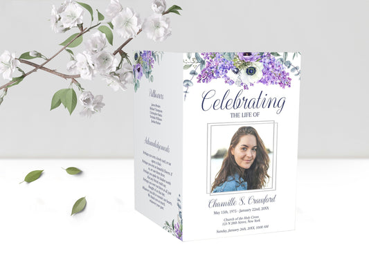 Purple Funeral Program Template For Woman | Purple Flowers Obituary Template |  Lilac Celebration of Life Program |   B140