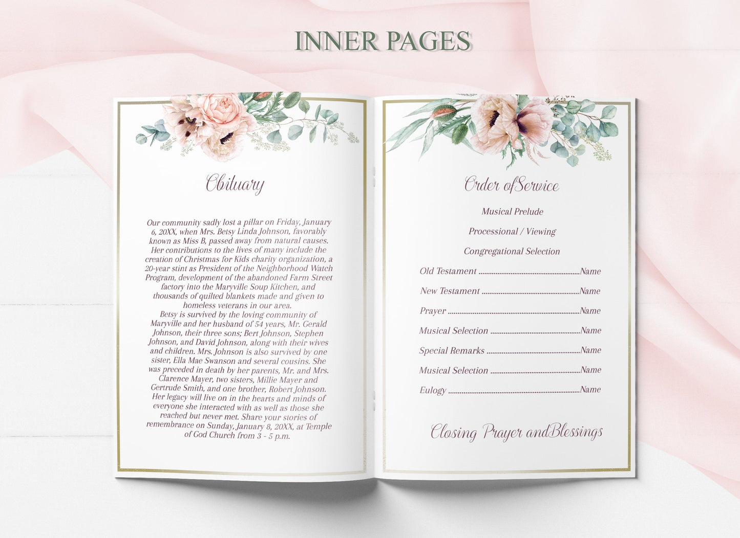 Pink Roses & Photo Collage Funeral Program Template - 8 Page