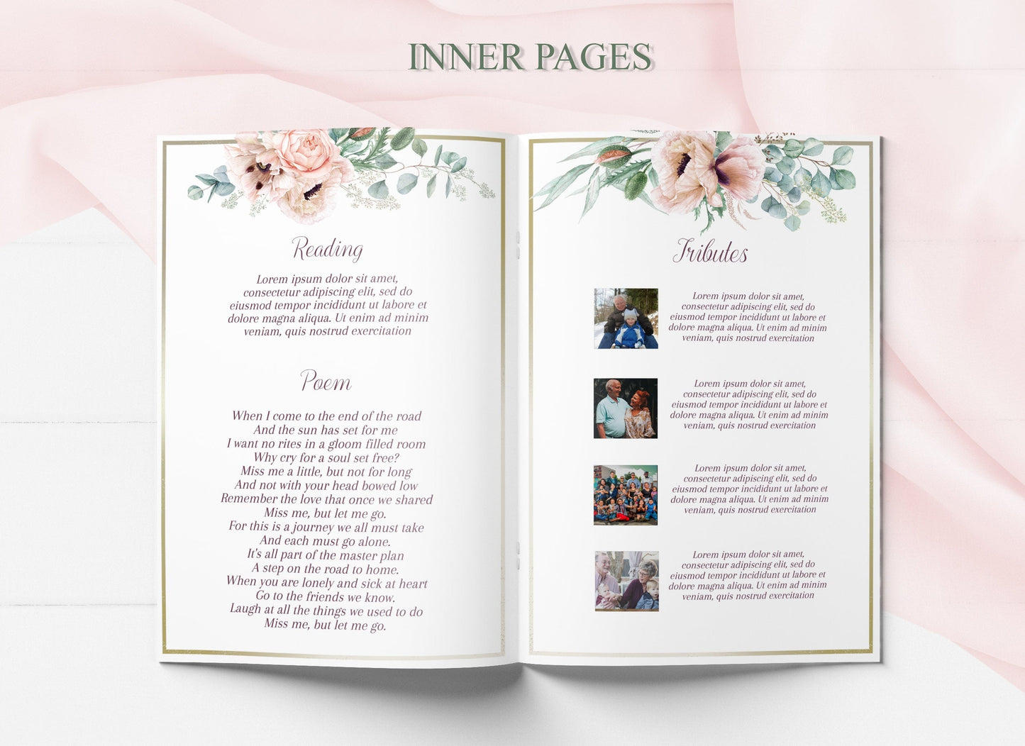 Pink Roses & Photo Collage Funeral Program Template - 8 Page