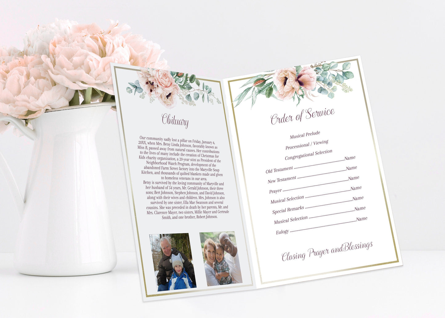 Gold border with Pink Roses Funeral Program Template - 4 Page