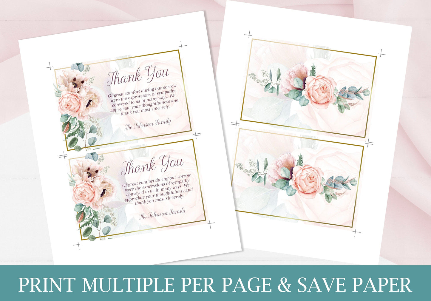 Elegant Pink Rose & Gold Funeral Thank You Cards Template