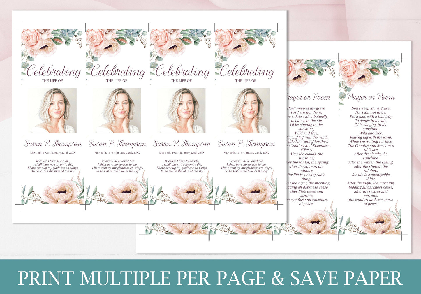 Pink Roses Funeral Service Bookmark Template