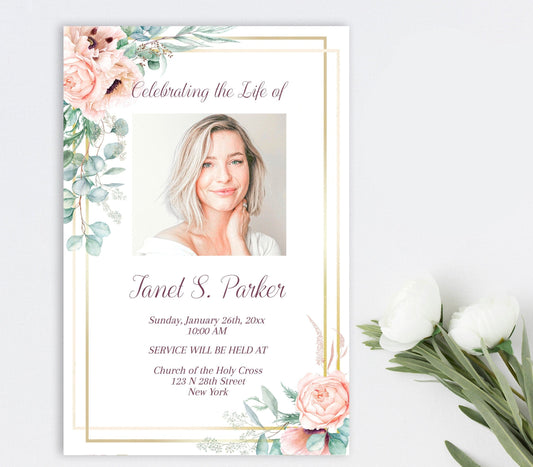 PInk roses gold border funeral invite