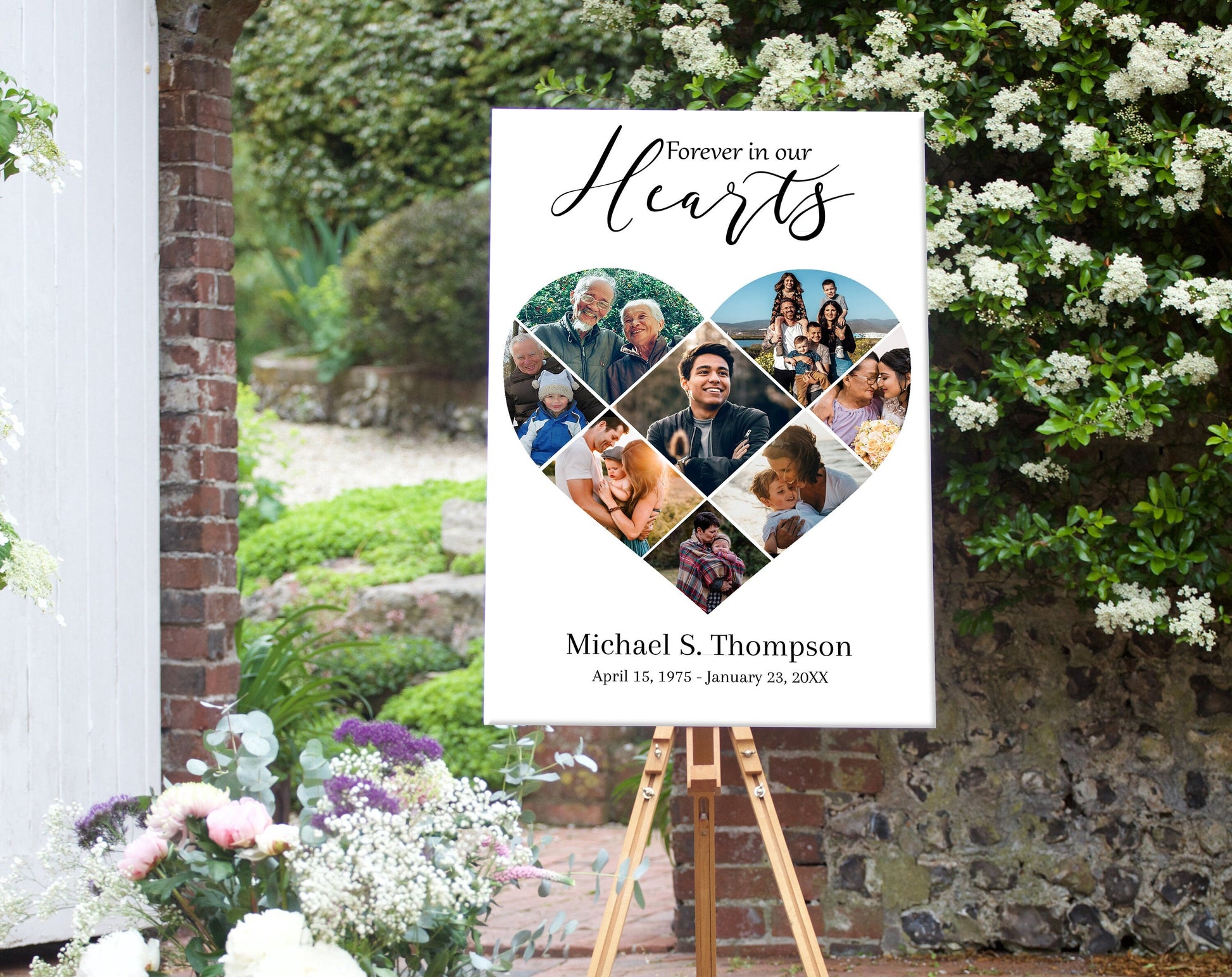 Heart collage funeral poster template