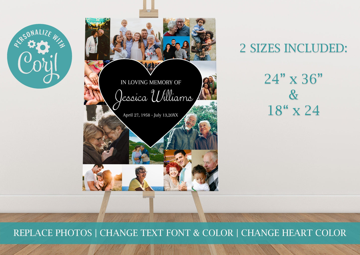 Full Photo Collage Funeral Poster W/ Heart Insert