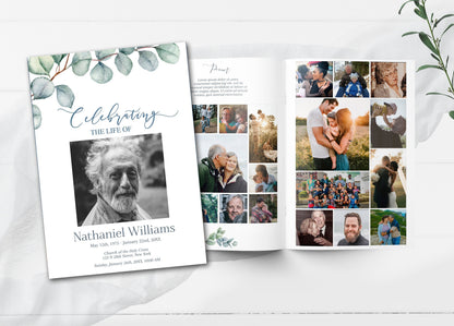 Editable 8 Page Funeral Program Template | Greenery Celebration of Life Program | Eucalyptus Obituary Template | B160