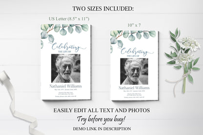 Greenery Funeral Program Template |  Obituary Template | Celebration of Life Program |  Memorial Program Template | | B160