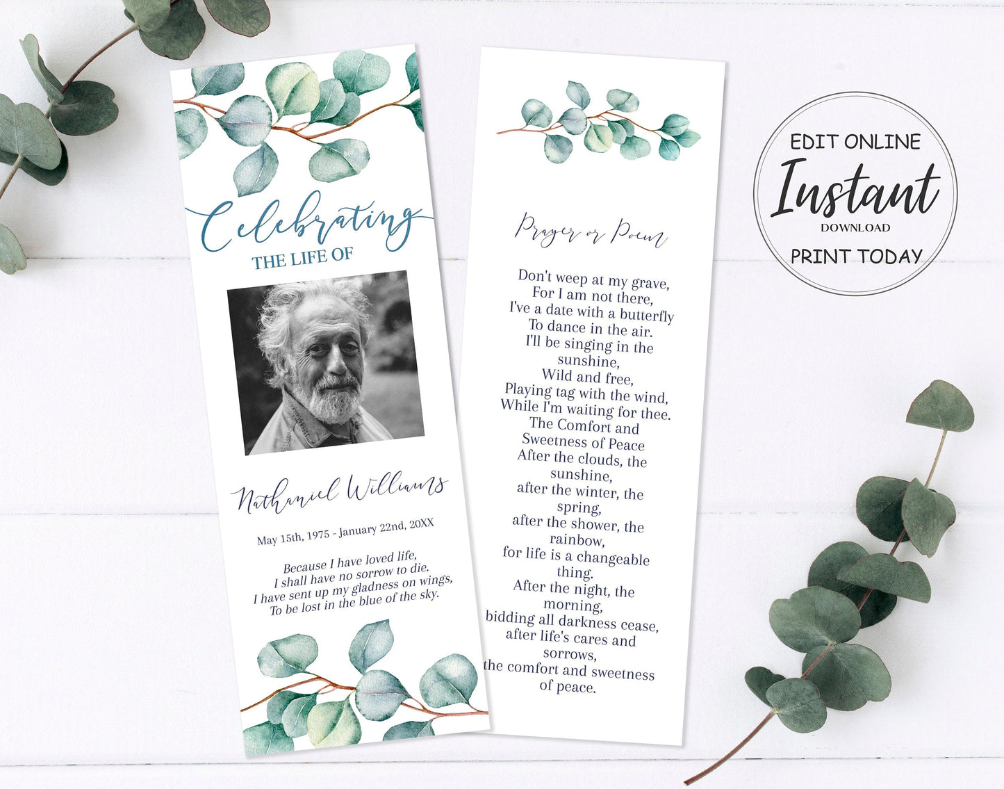 eucalyptus greenery branch funeral bookmark template