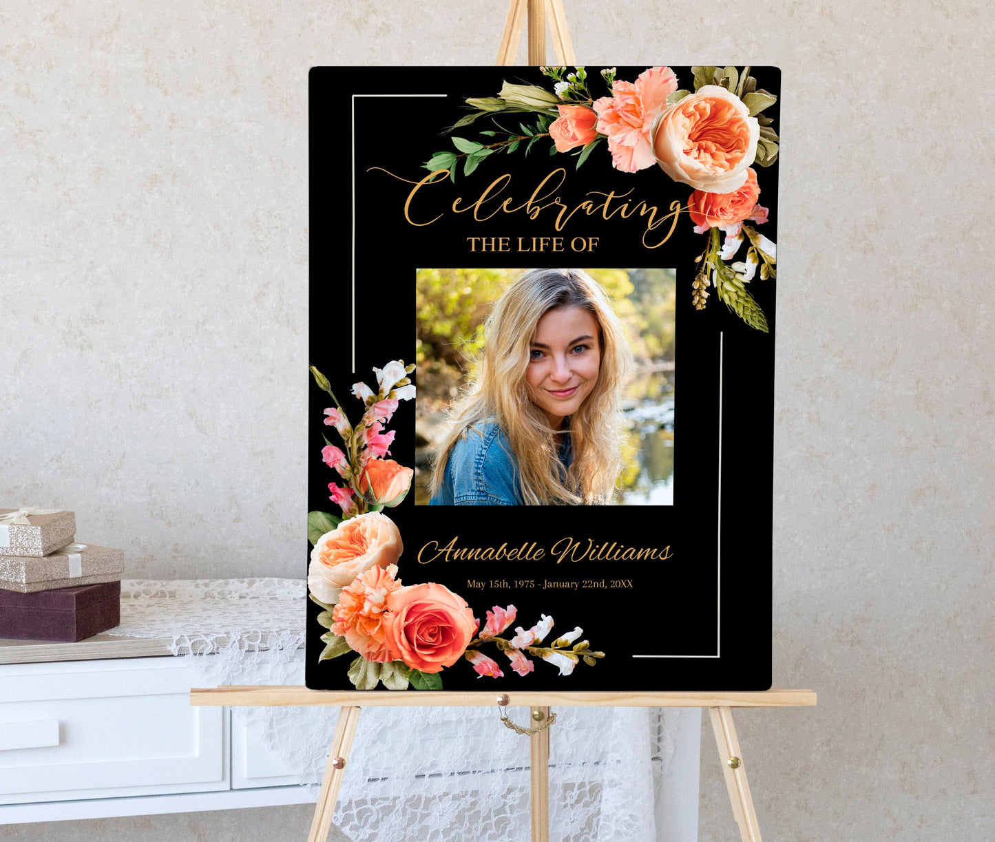Peach floral and black background funeral poster template