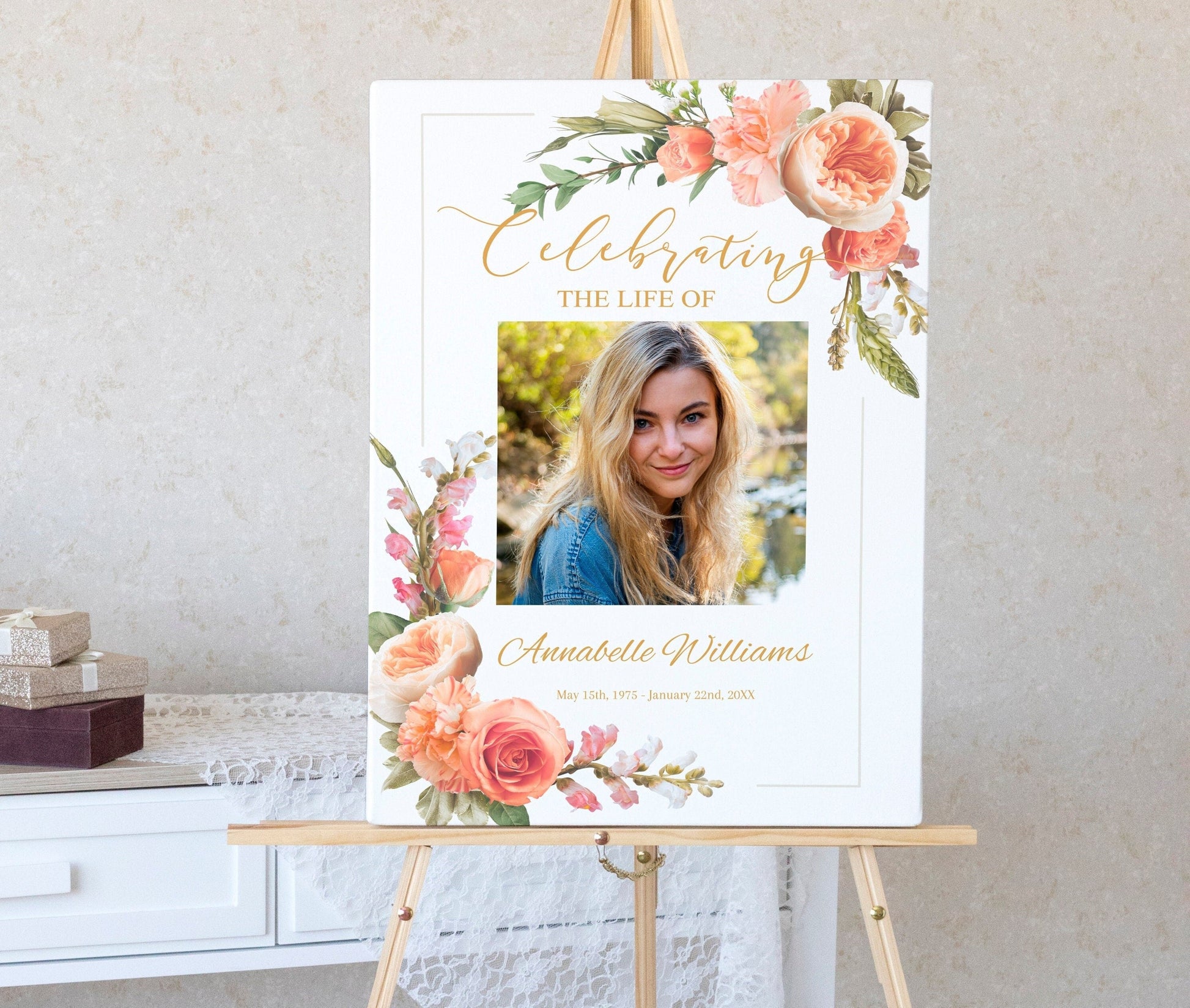 Peach rose floral funeral memory board template