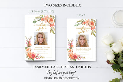 Peach Flower Funeral Service Program Template - 8 Page