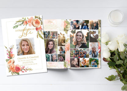 Peach floral funeral program template front page and inside pages
