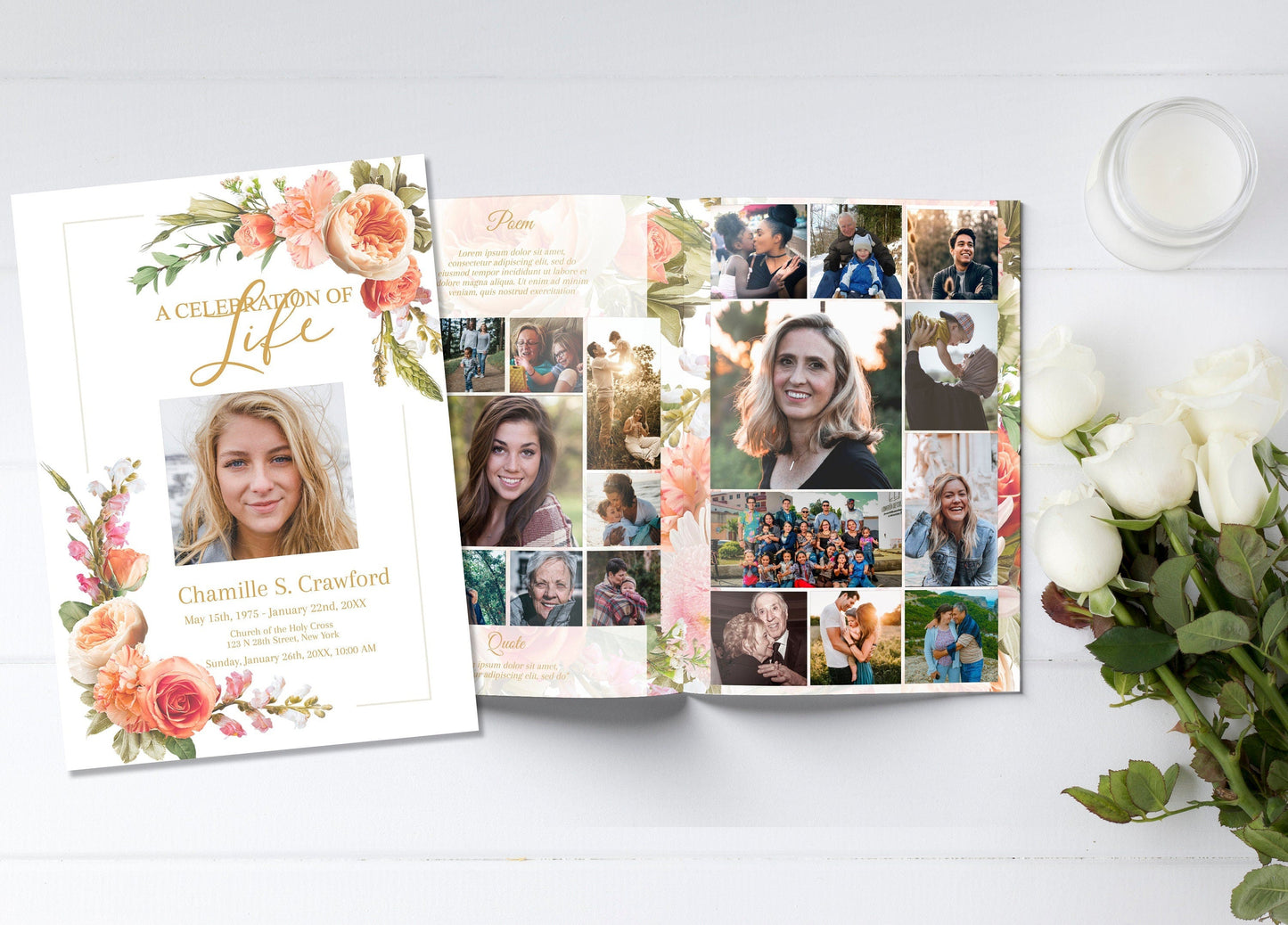 Elegant Floral Funeral Program Template - 8 Page