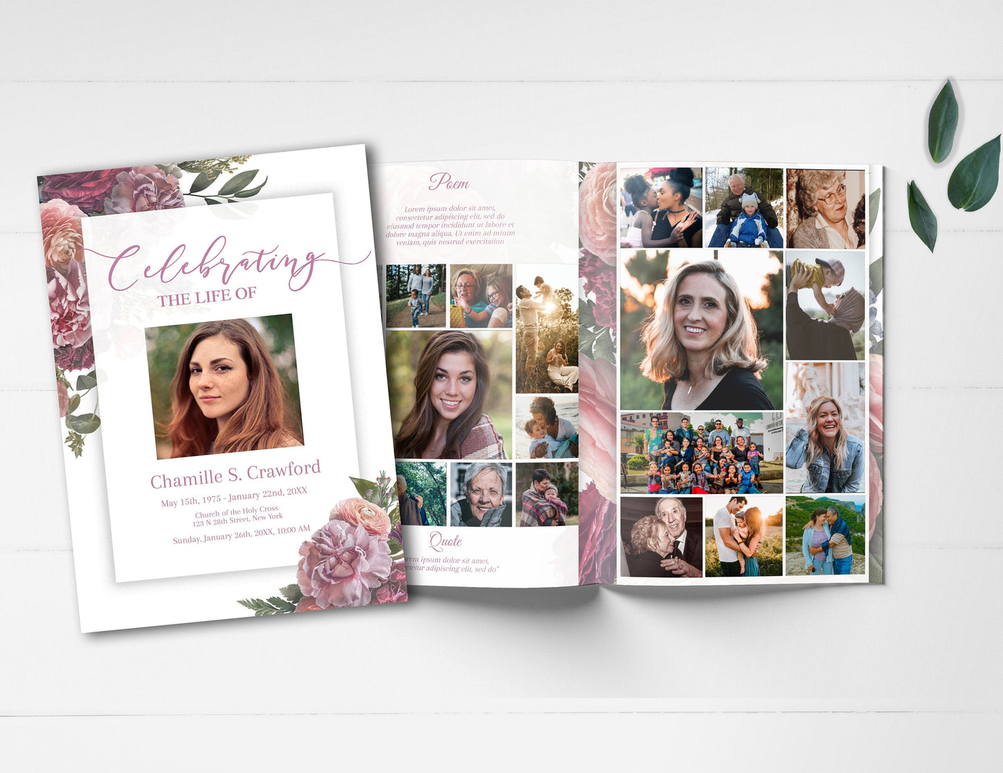 photo collage inside funeral program template with floral design in background