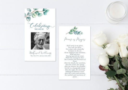 Greenery Funeral Prayer Cards | Funeral Keepsake | Eucalyptus Celebration of Life | Funeral Favors | B160