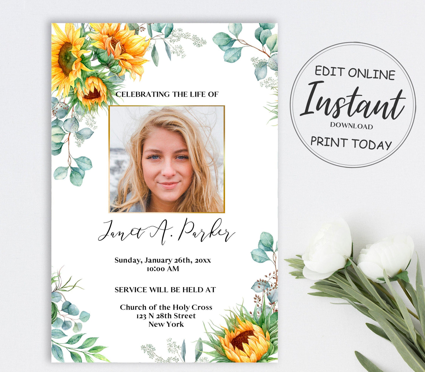 Greenery with sunflowers througout this funeral invitation and gold center photo