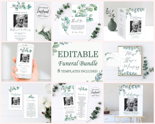 Eucalyptus 8 piece editable funeral template bundle set