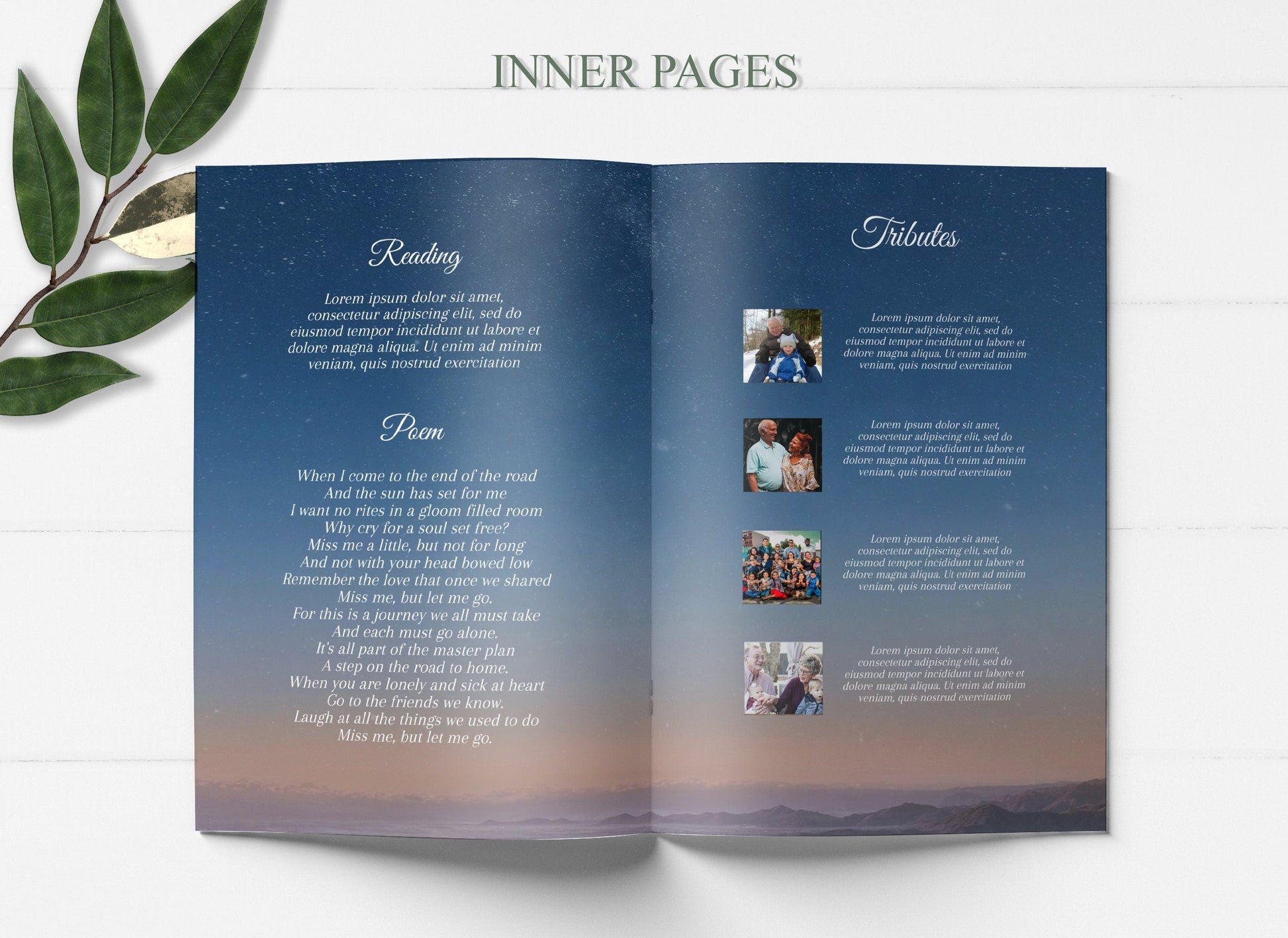 funeral tributes and poem page with starry night mountain landscape background