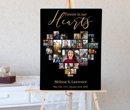 Black and gold funeral poster on display heart collage set