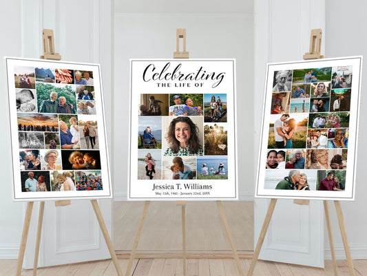 3 posters designed for funeral services with photo displays