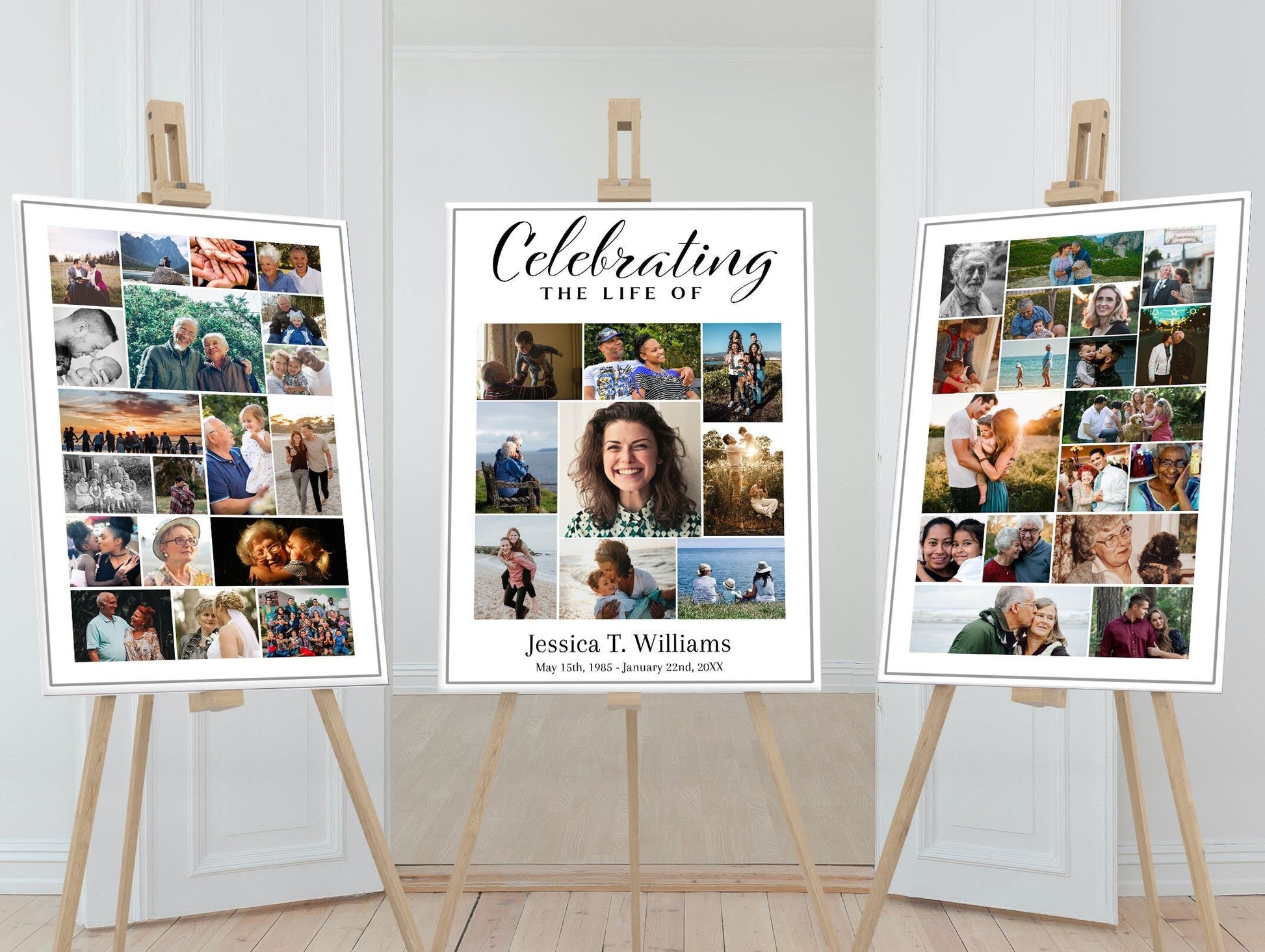 3 posters designed for funeral services with photo displays