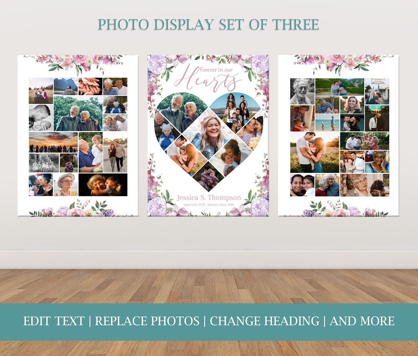 Heart Collage Funeral Memory Board Templates - Set of 3