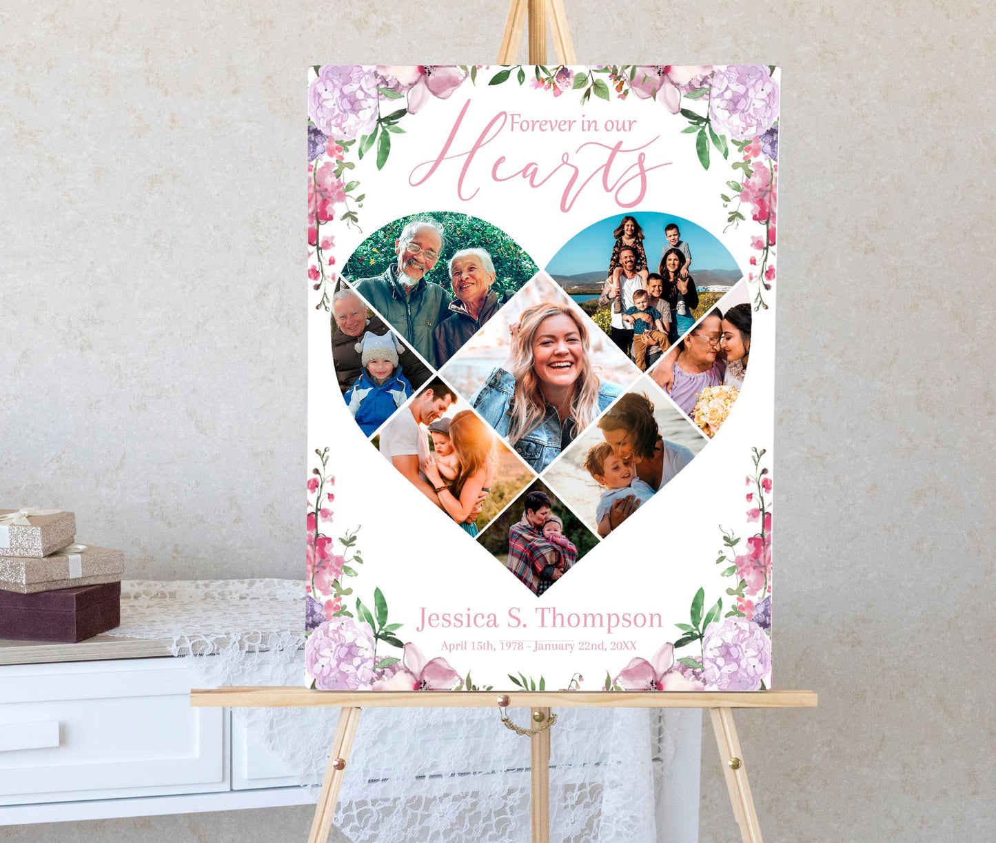 Heart collage poster with pink and purple flower arrangements around it