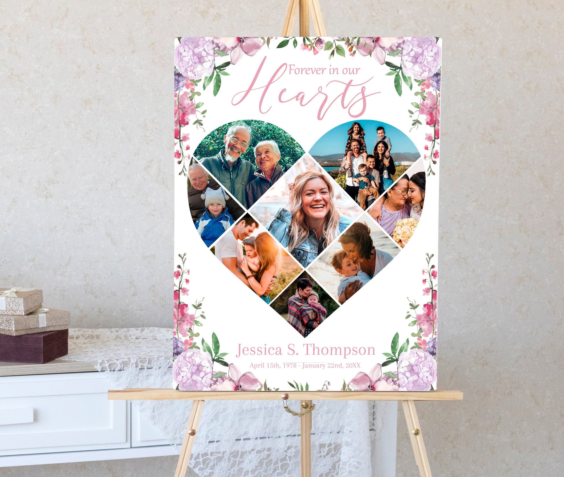 Heart collage poster with pink and purple flower arrangements around it